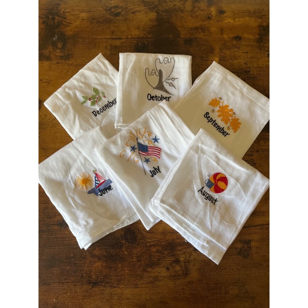 Embroidered Seasonal Linen Hand Towels Set Of 6 Months